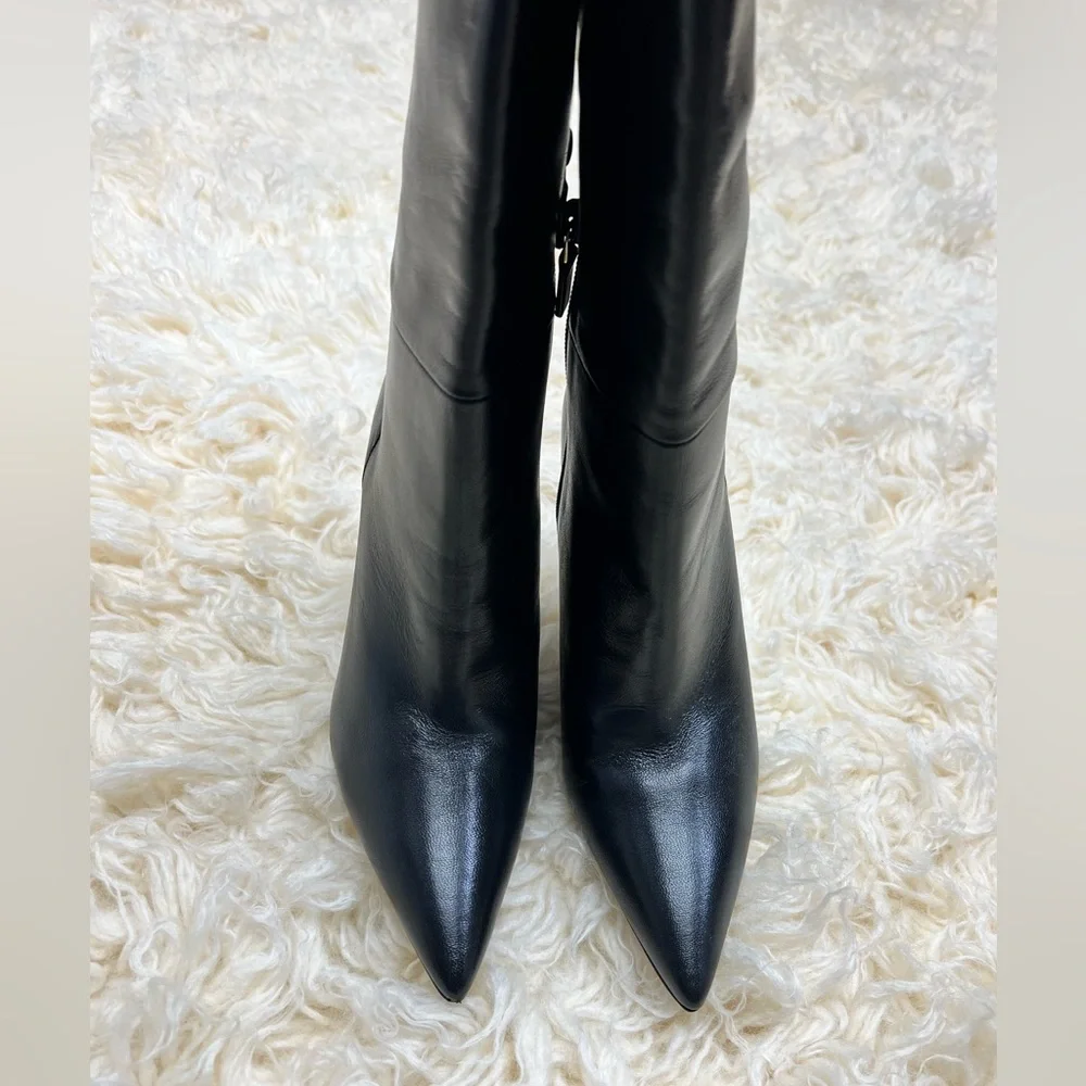 Stuart Weitzman Black Leather Over-the-Knee Pointed Toe Stiletto Boots - Picture 5 of 14
